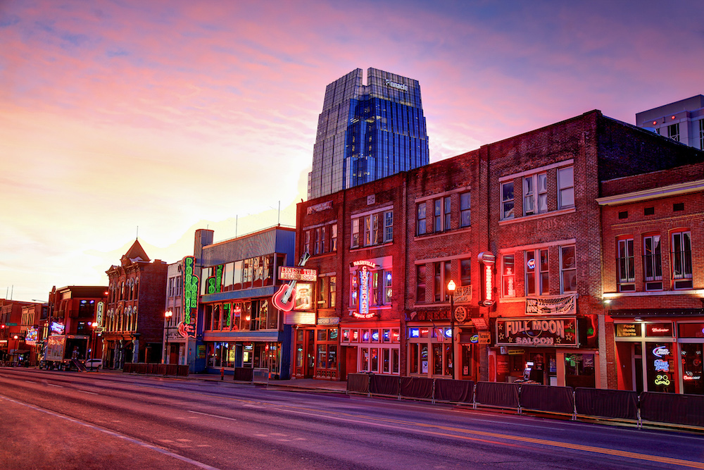 Broadway In Downtown Nashville During Golden Hour Sunset
