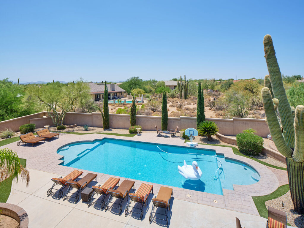 Backyard with pool and views at Valley View Villa in Scottsdale
